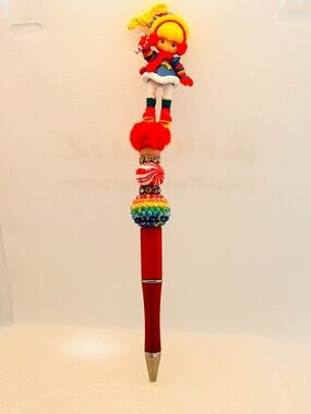 Rainbow Girl 🌈 Beaded Red Novelty Pen with Doll Topper